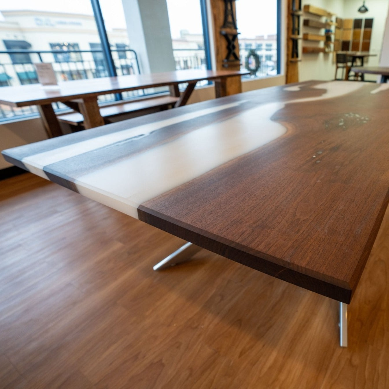 White Epoxy Dining Table with Diamond X-Shaped Legs - Brick Mill Furniture